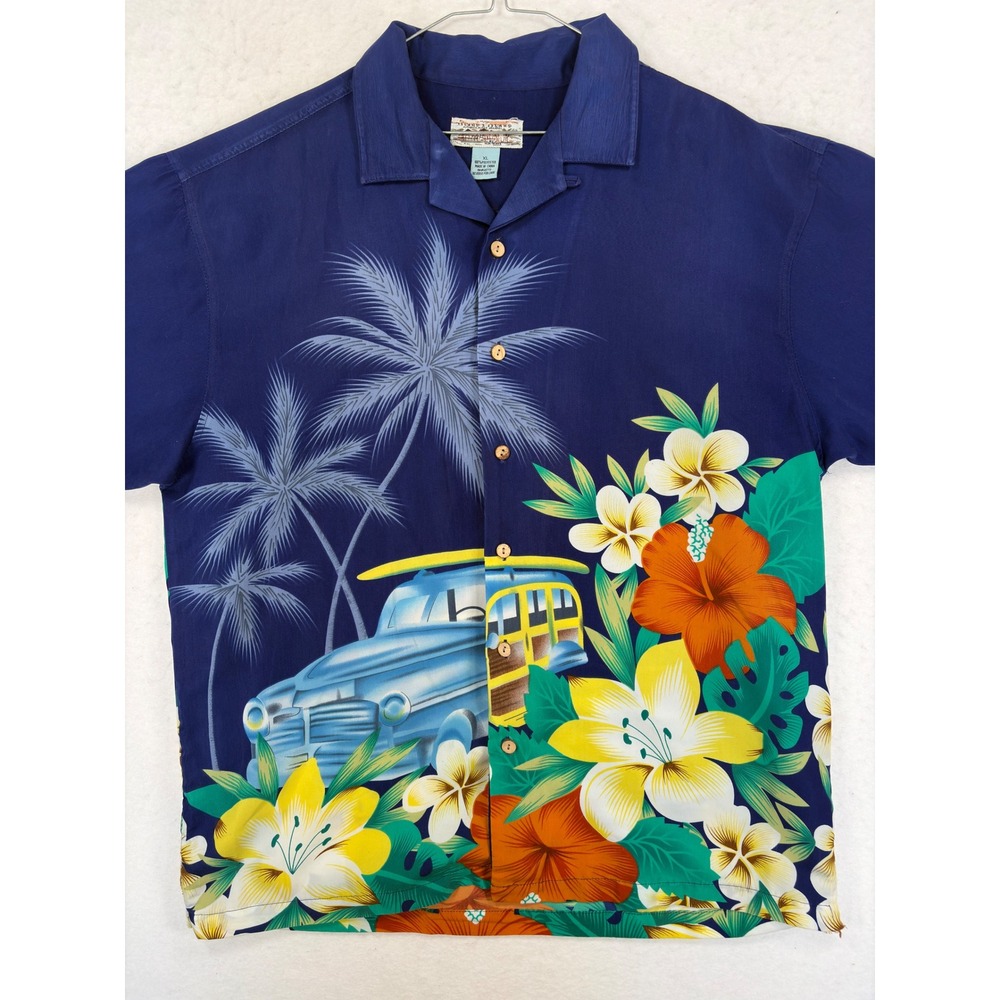 Island 2 Island Mens XL Hawaiian Shirt Blue Woody Wagon Hibiscus Palm Tree Print